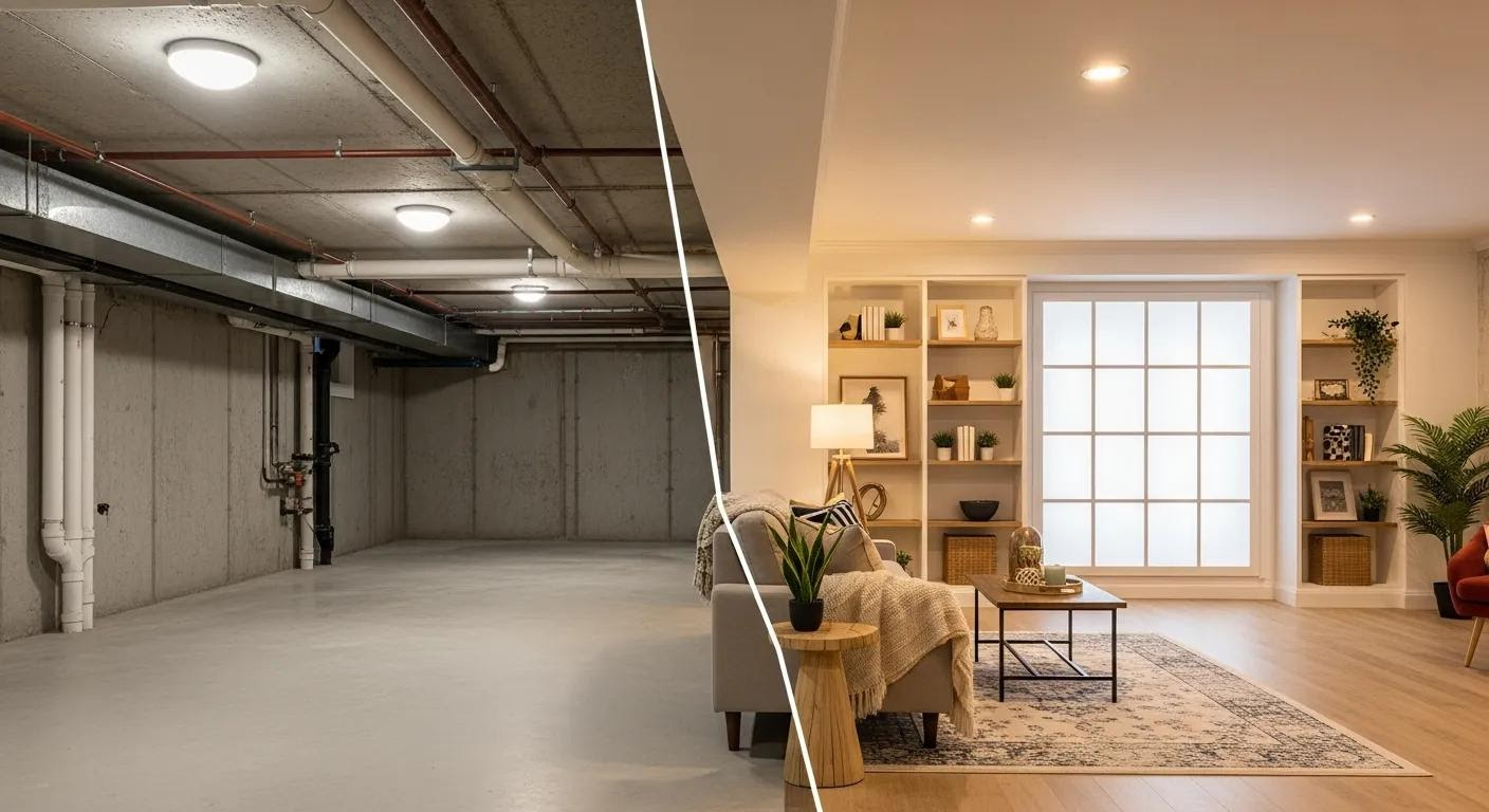 Finished basement with living area and modern lighting in an Ankeny Iowa home